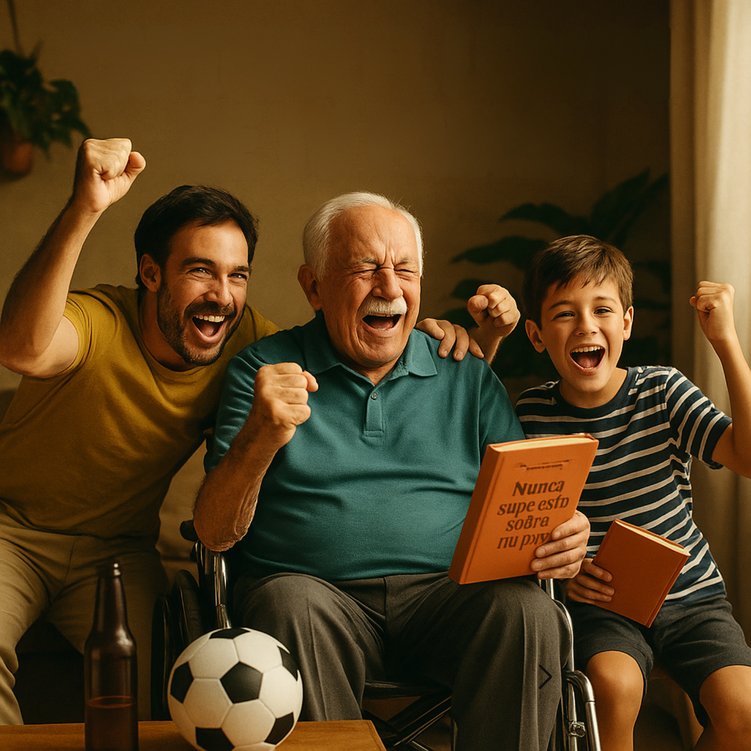 Familia feliz celebrando con el abuelo sosteniendo el libro en español