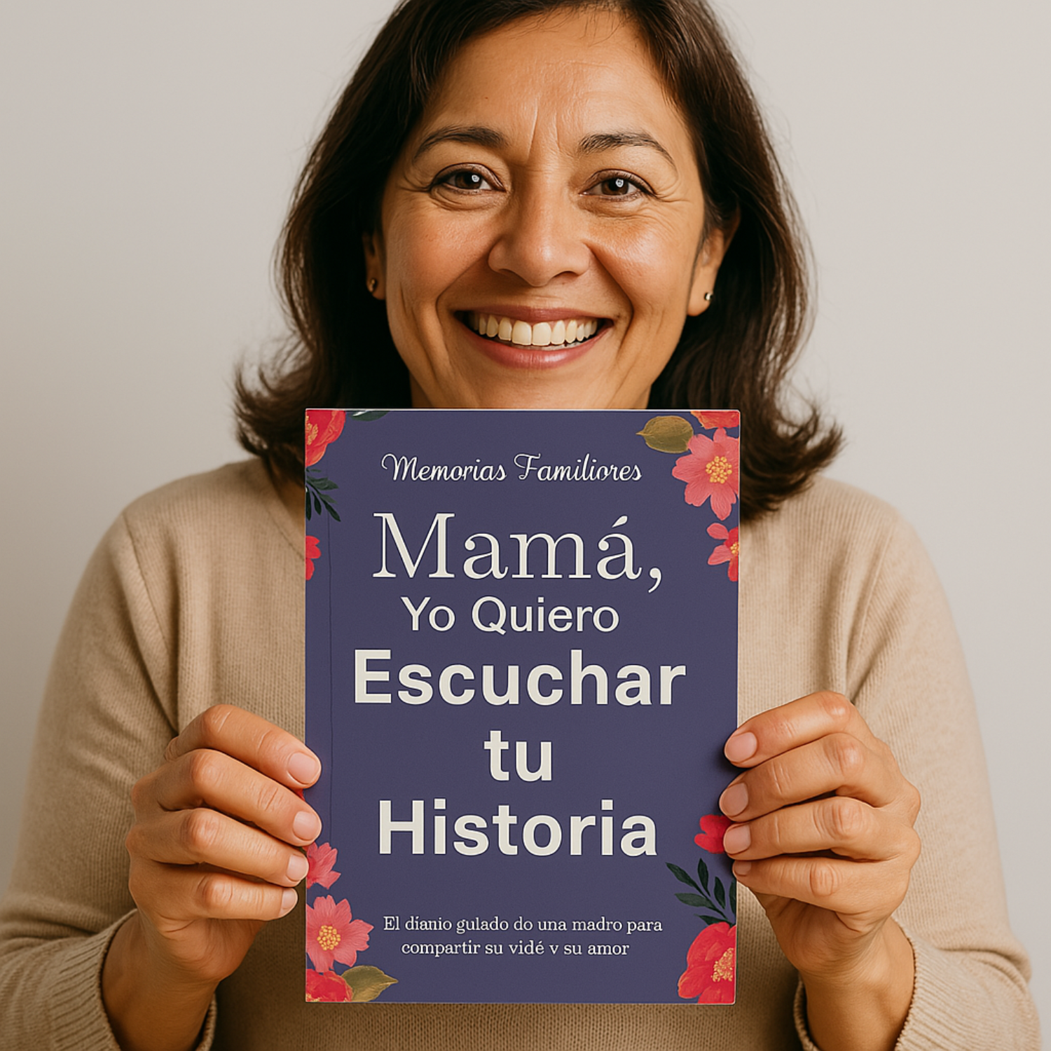 Madre feliz sosteniendo el diario Tell Tales en español 'Mamá, Yo Quiero Escuchar tu Historia'